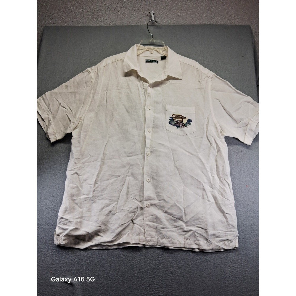 Cubavera Men Button Down White Shirt‎ Linen/Rayon Blend Embroidered Size XL